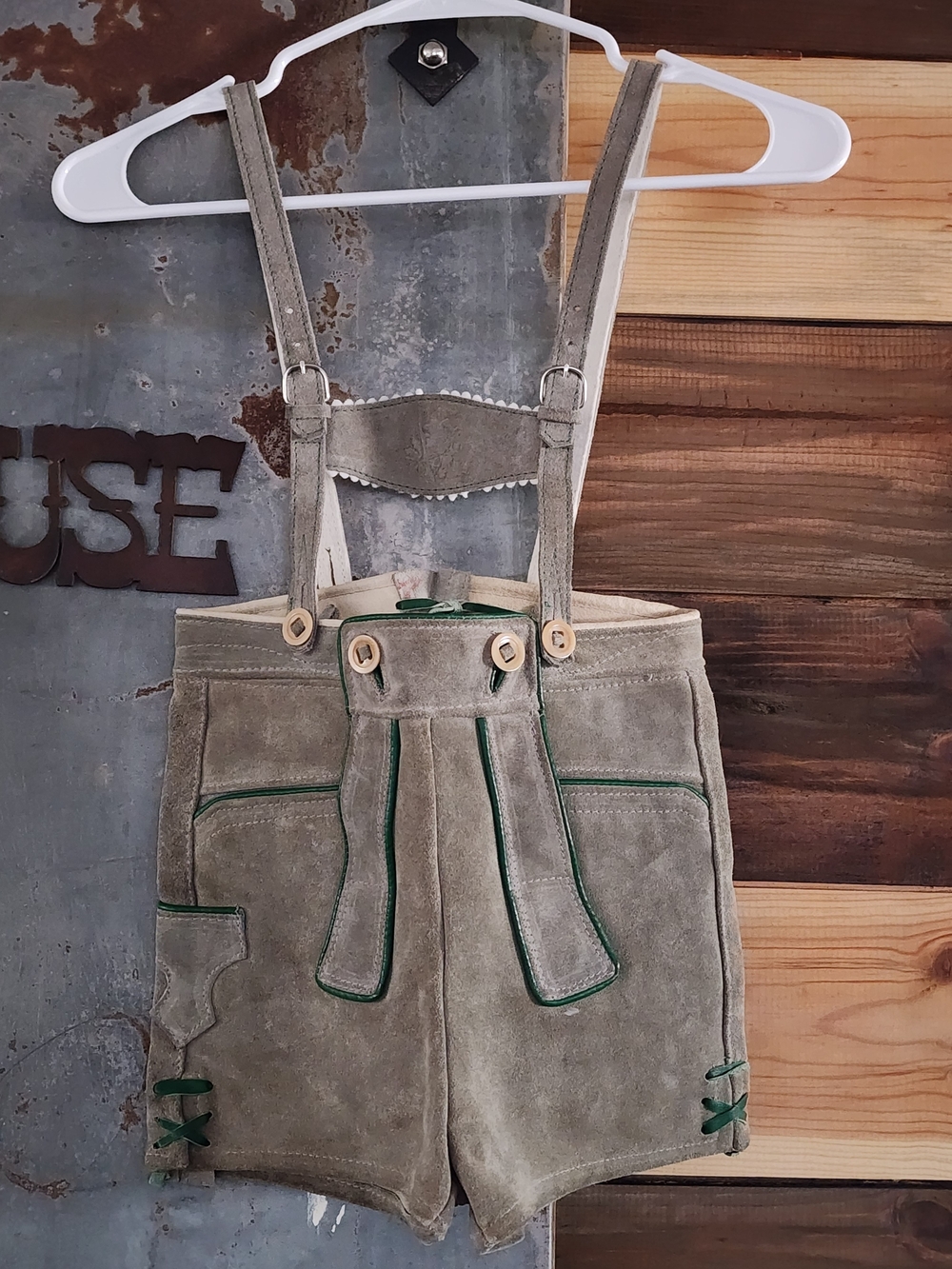Kids Suede Lederhosen Shorts with Adjustable Suspenders - Taupe with Green Trim